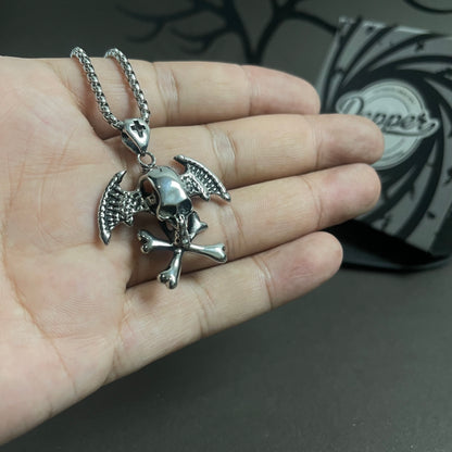 Antique Silver Skull Wings Pendant Necklace