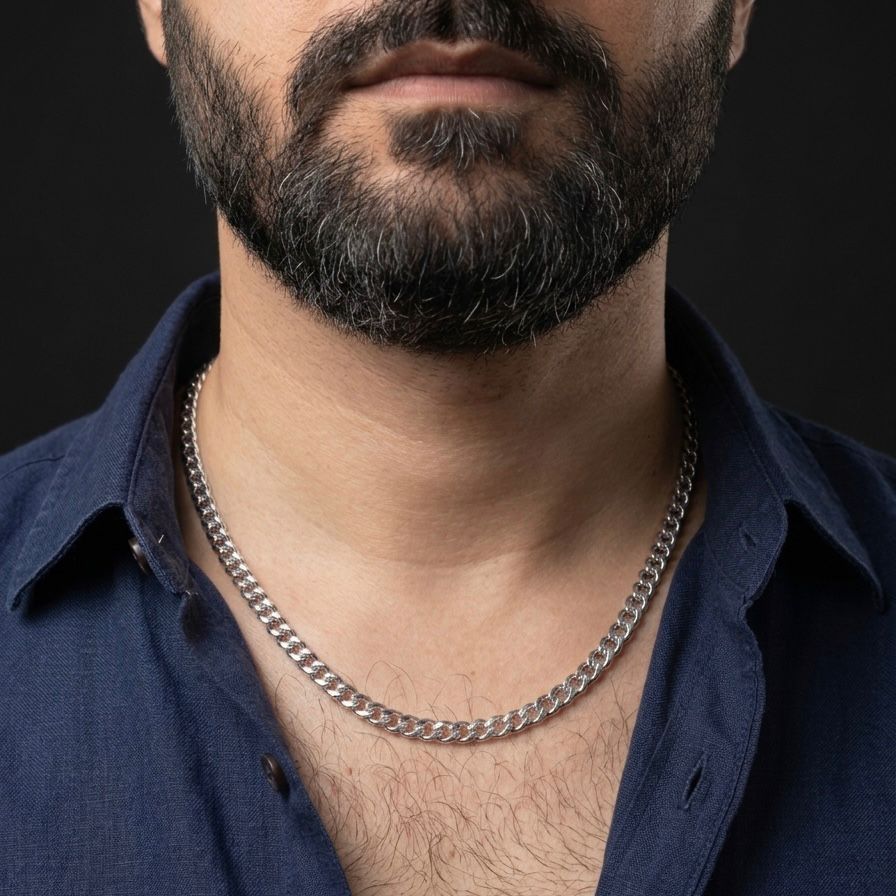 7mm silver stainless steel round curb link neck chain for men online in Pakistan