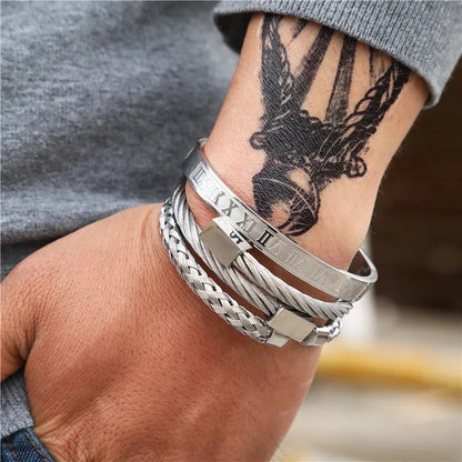 3pcs/set Silver Luxury Men Bracelet Roman Number Bangle Stainless Steel Wristband Opening Cuff Bracelet