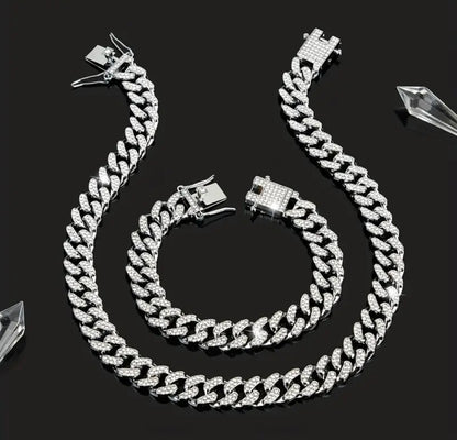 13mm silver iced out miami Cuban link neck chain bracelet for men online in pakistan