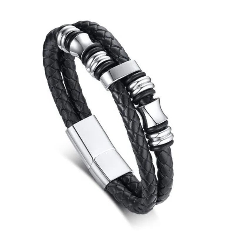 Silver Crown Layered Leather Bracelet For Men