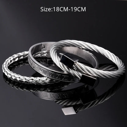 3pcs/set Silver Luxury Men Bracelet Roman Number Bangle Stainless Steel Wristband Opening Cuff Bracelet