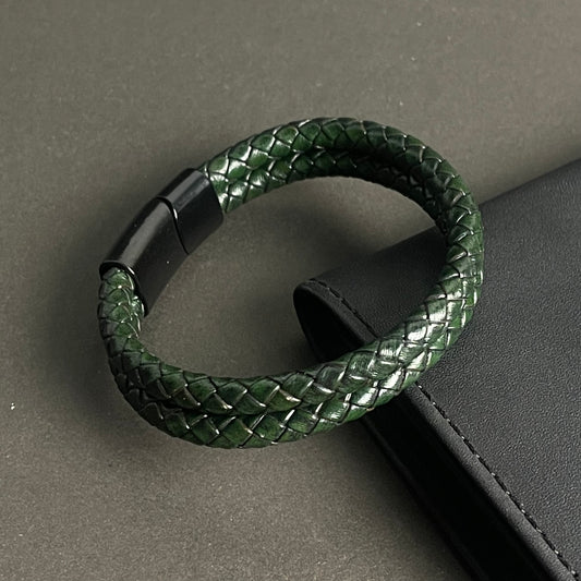 Cross Cord Green Leather Bracelet For Men