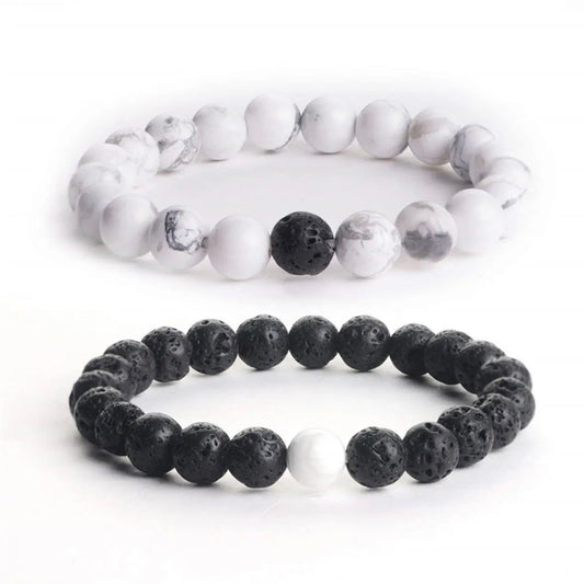 White & Lave Black Energy Stone Beads Distance Bracelet Set Couple Bracelet