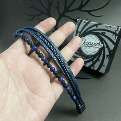 Blue Layered Agate Beads Leather Bracelet For Men