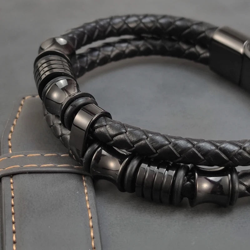 Black Crown Layered Leather Bracelet For Men