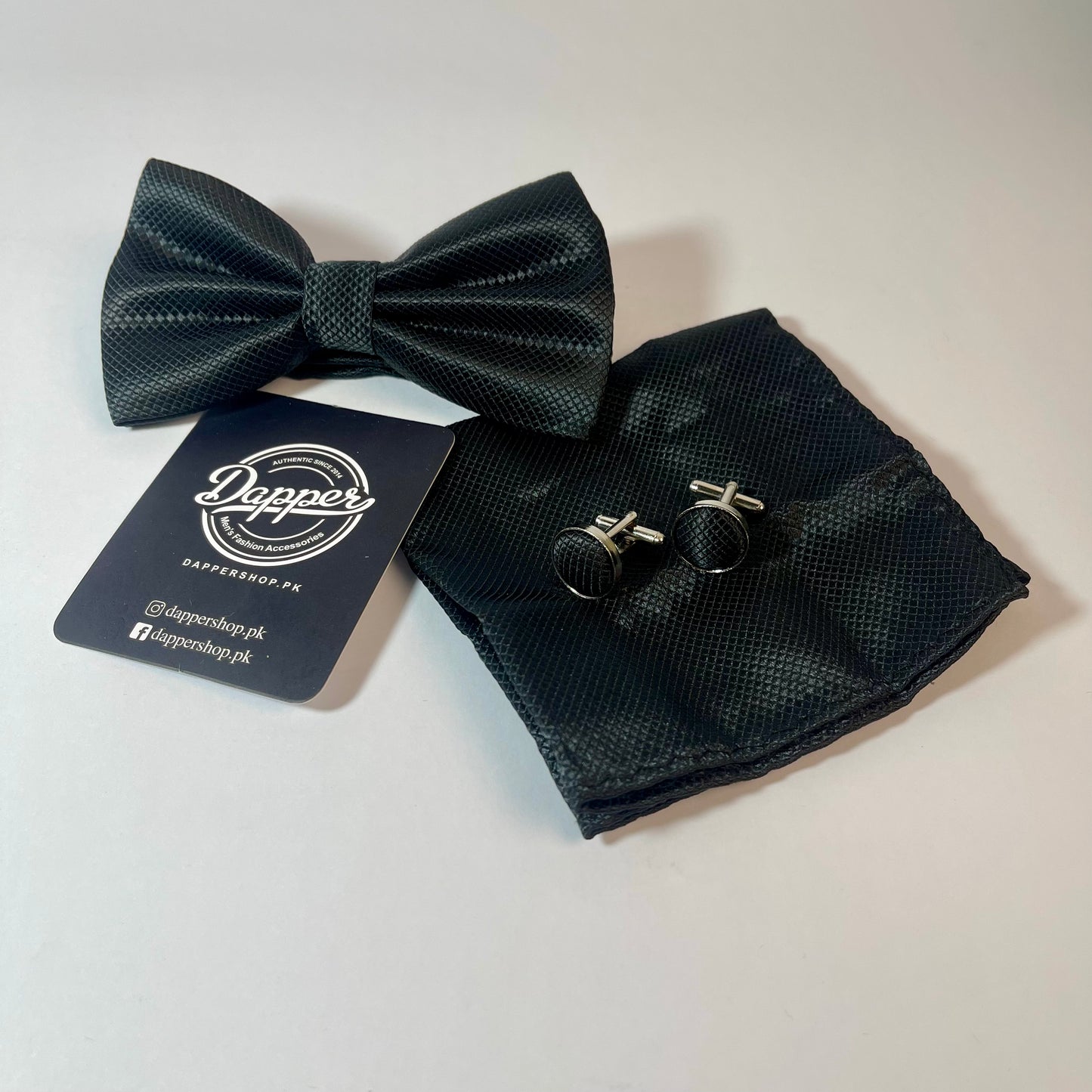 Black Bow Tie, Pocket Square and Cufflinks Set For Men Online In Pakistan