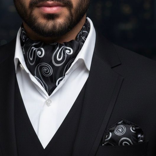 Black Paisley jacquard cravat ascot tie and pocket square set for men online in Pakistan