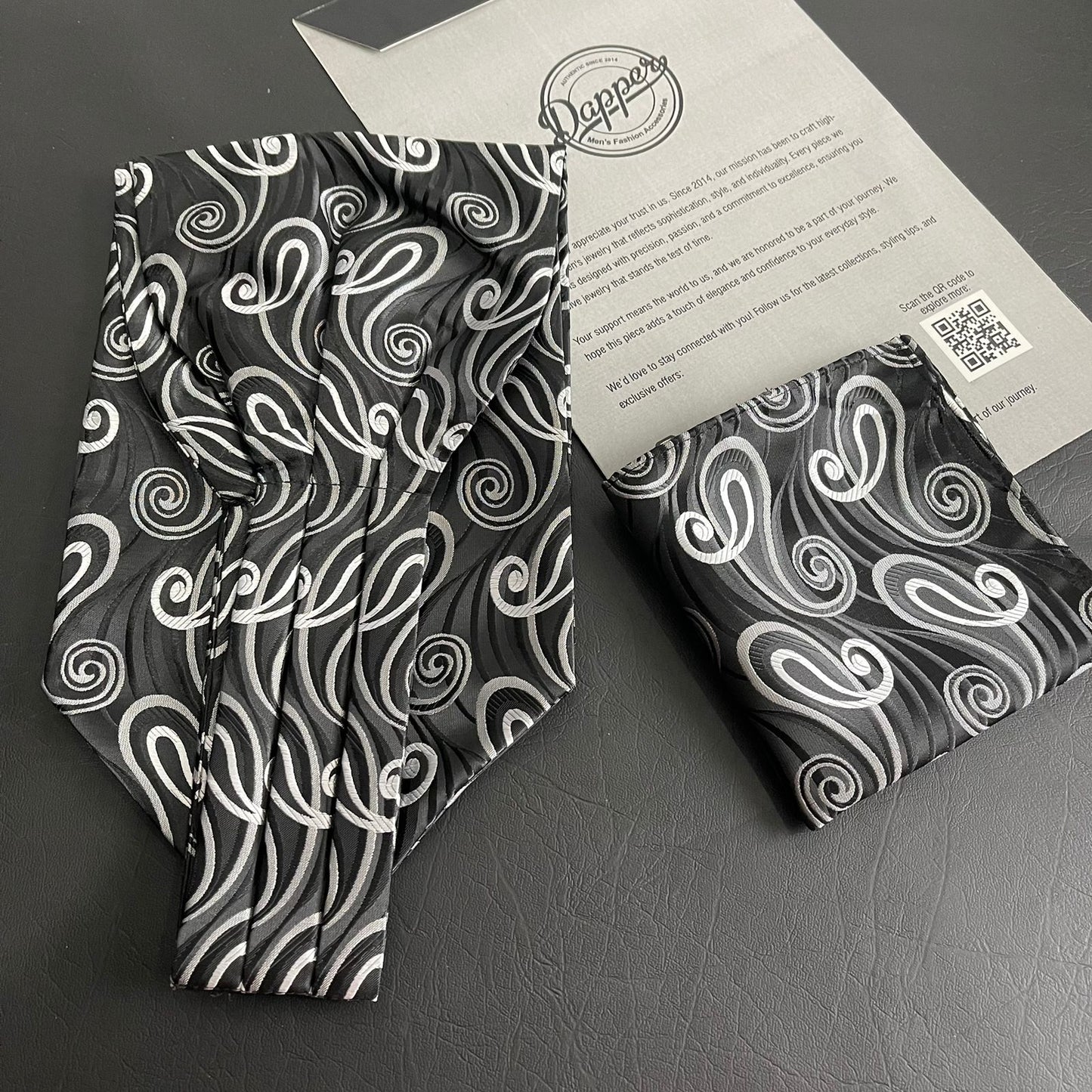 Black Paisley jacquard cravat ascot tie and pocket square set for men online in Pakistan