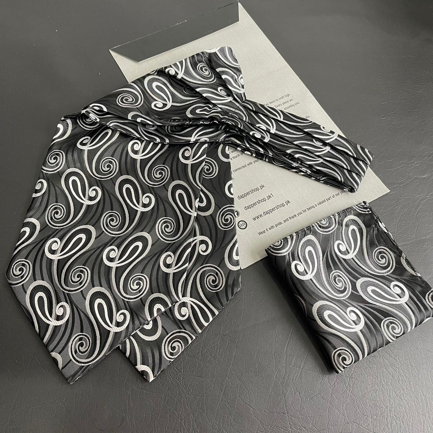 Black Paisley jacquard cravat ascot tie and pocket square set for men online in Pakistan