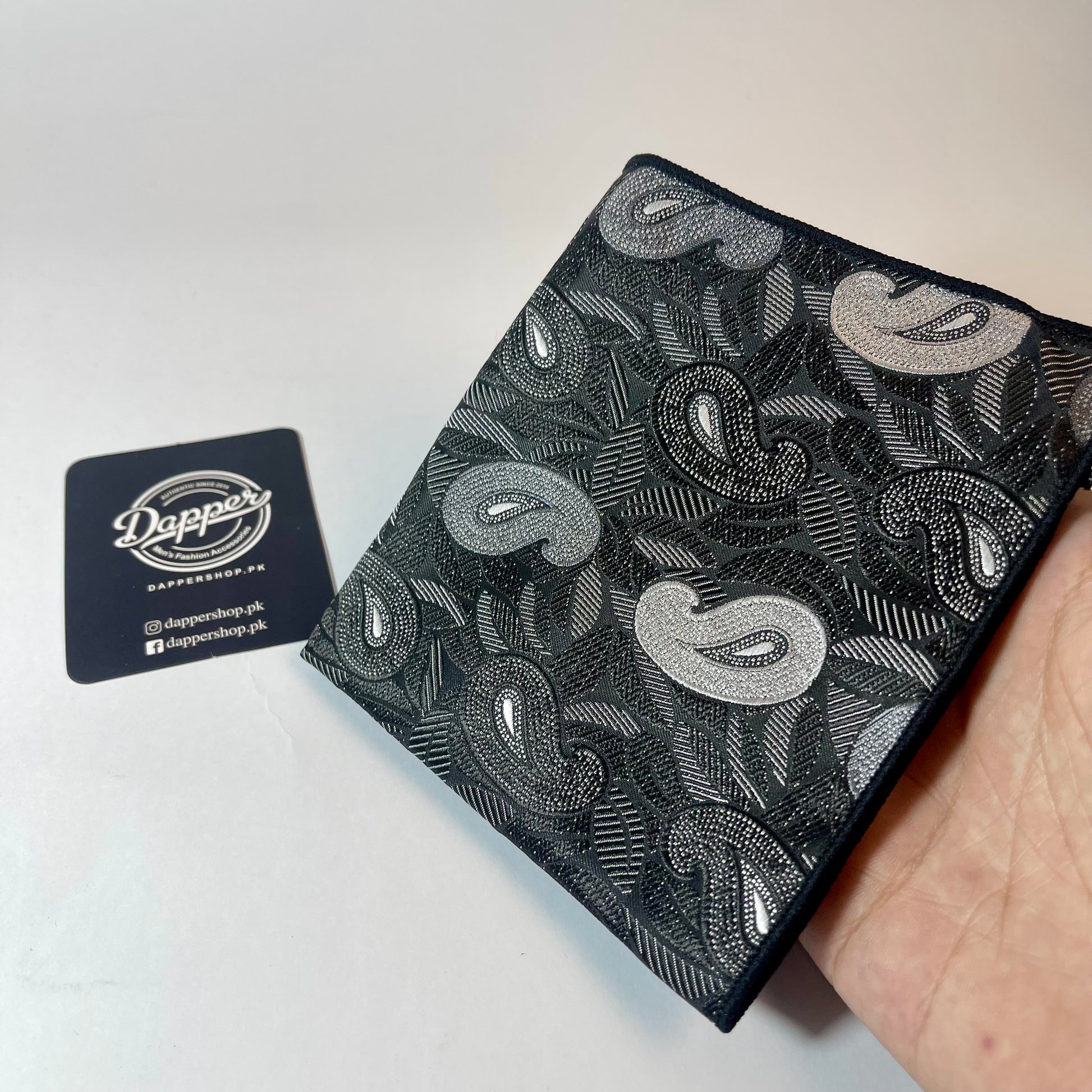 Black and Silver Paisley pattern pocket square handkerchief online in Pakistan