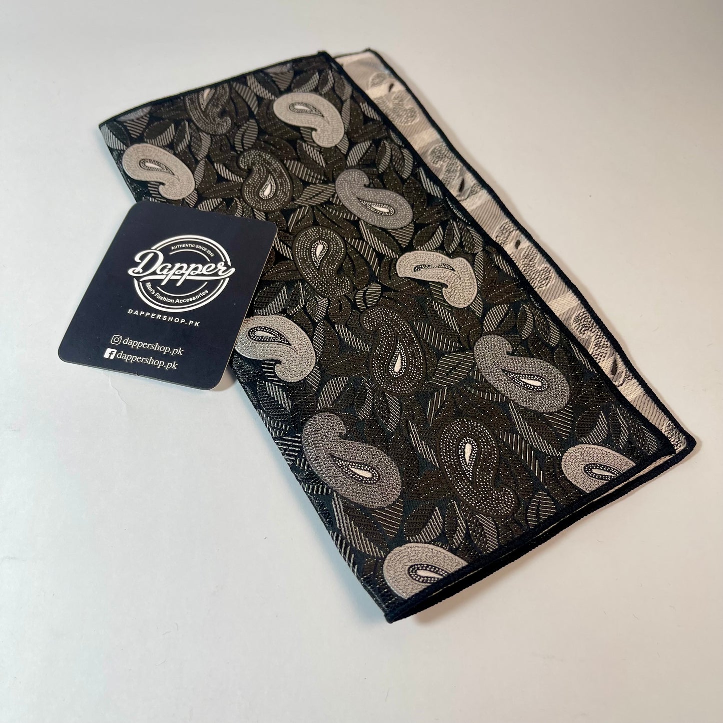 Black and Silver Paisley pattern pocket square handkerchief online in Pakistan