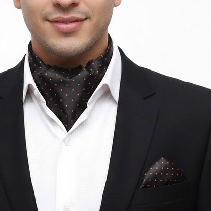 Black polka dots jacquard cravat ascot tie and pocket square set for men online in Pakistan