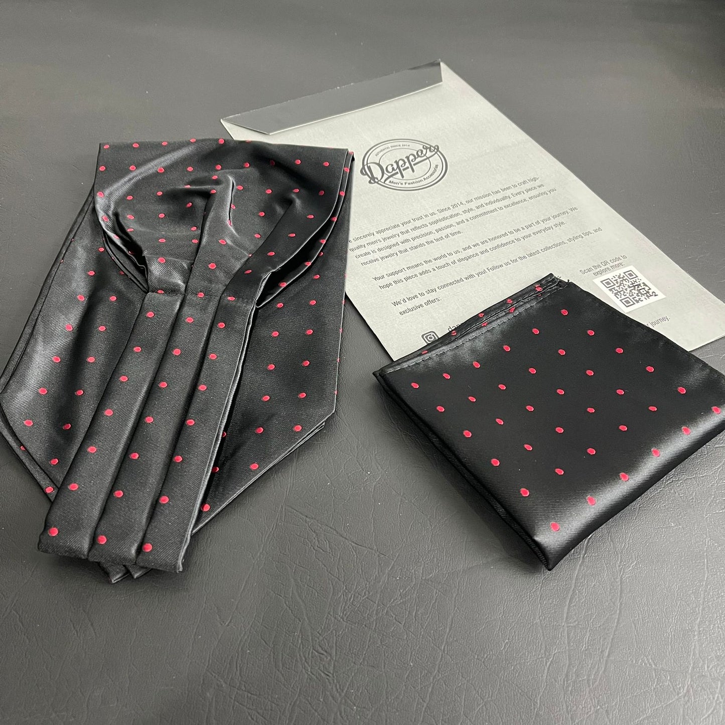 Black polka dots jacquard cravat ascot tie and pocket square set for men online in Pakistan
