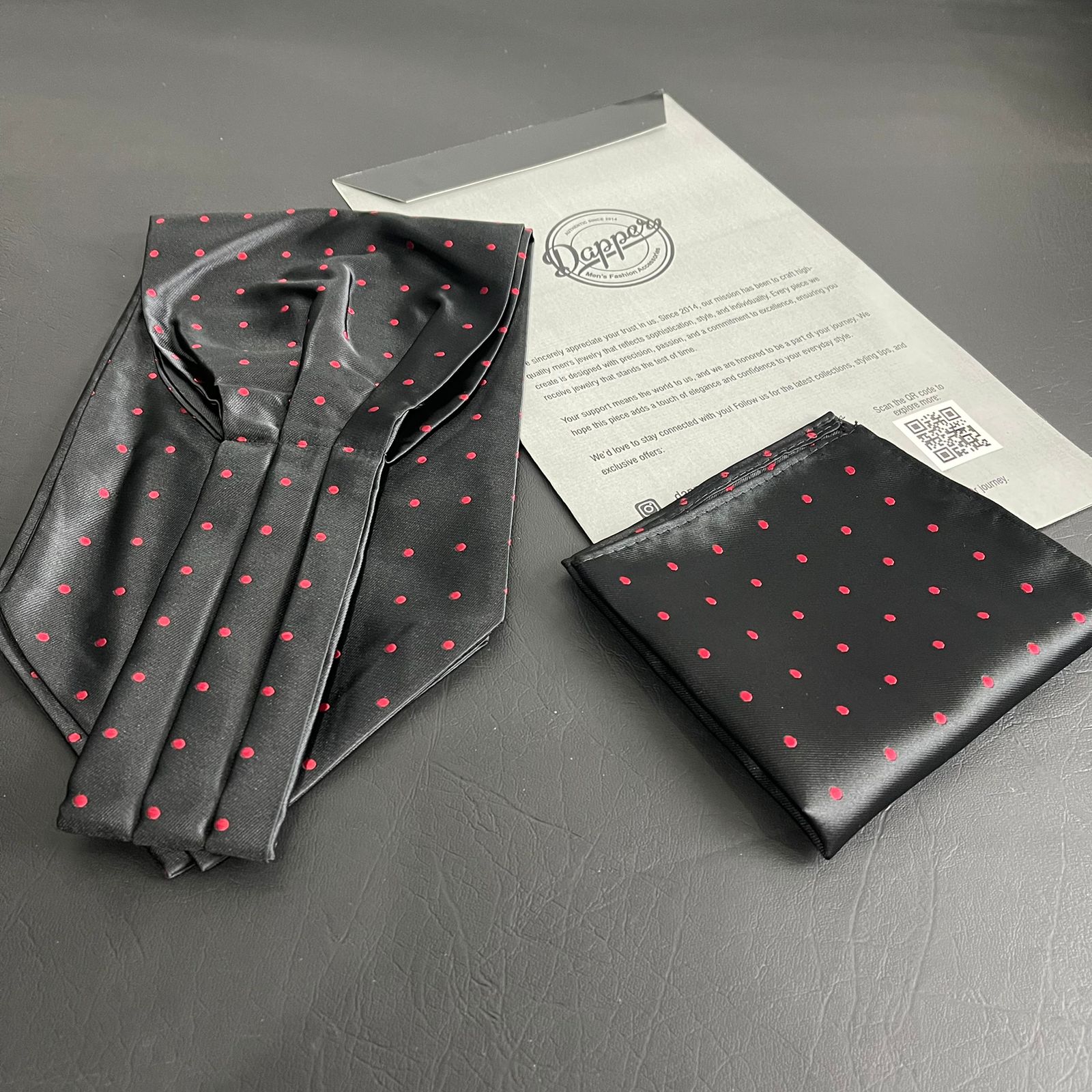 Black polka dots jacquard cravat ascot tie and pocket square set for men online in Pakistan