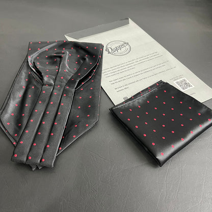 Black polka dots jacquard cravat ascot tie and pocket square set for men online in Pakistan