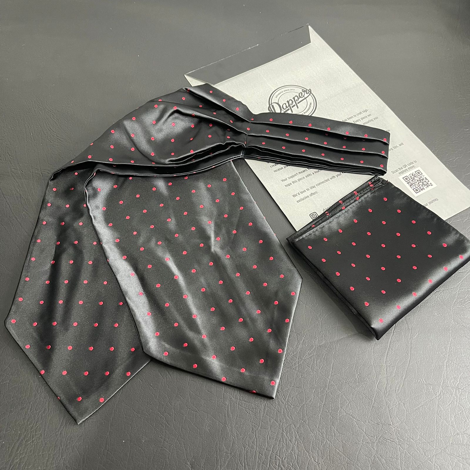 Black polka dots jacquard cravat ascot tie and pocket square set for men online in Pakistan