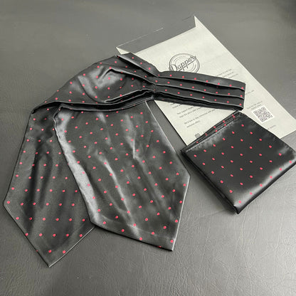 Black polka dots jacquard cravat ascot tie and pocket square set for men online in Pakistan
