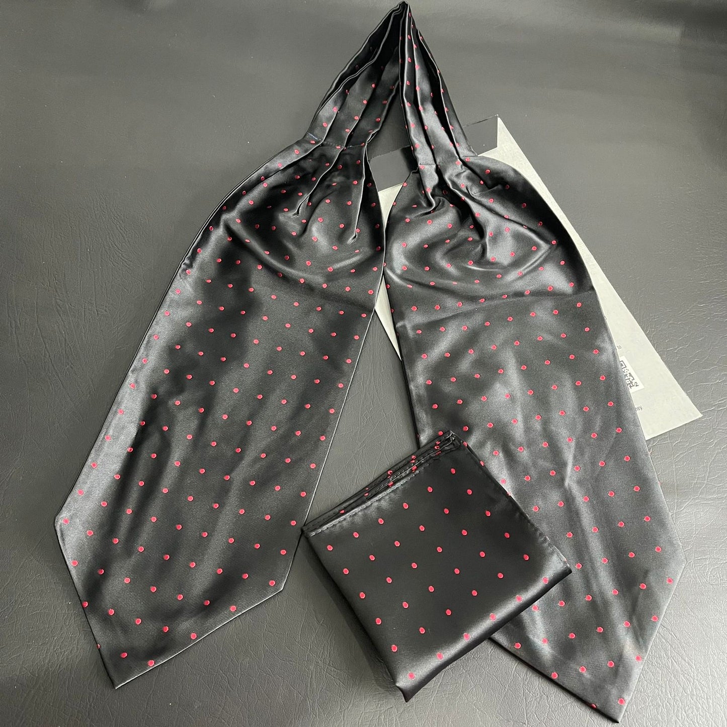 Black polka dots jacquard cravat ascot tie and pocket square set for men online in Pakistan