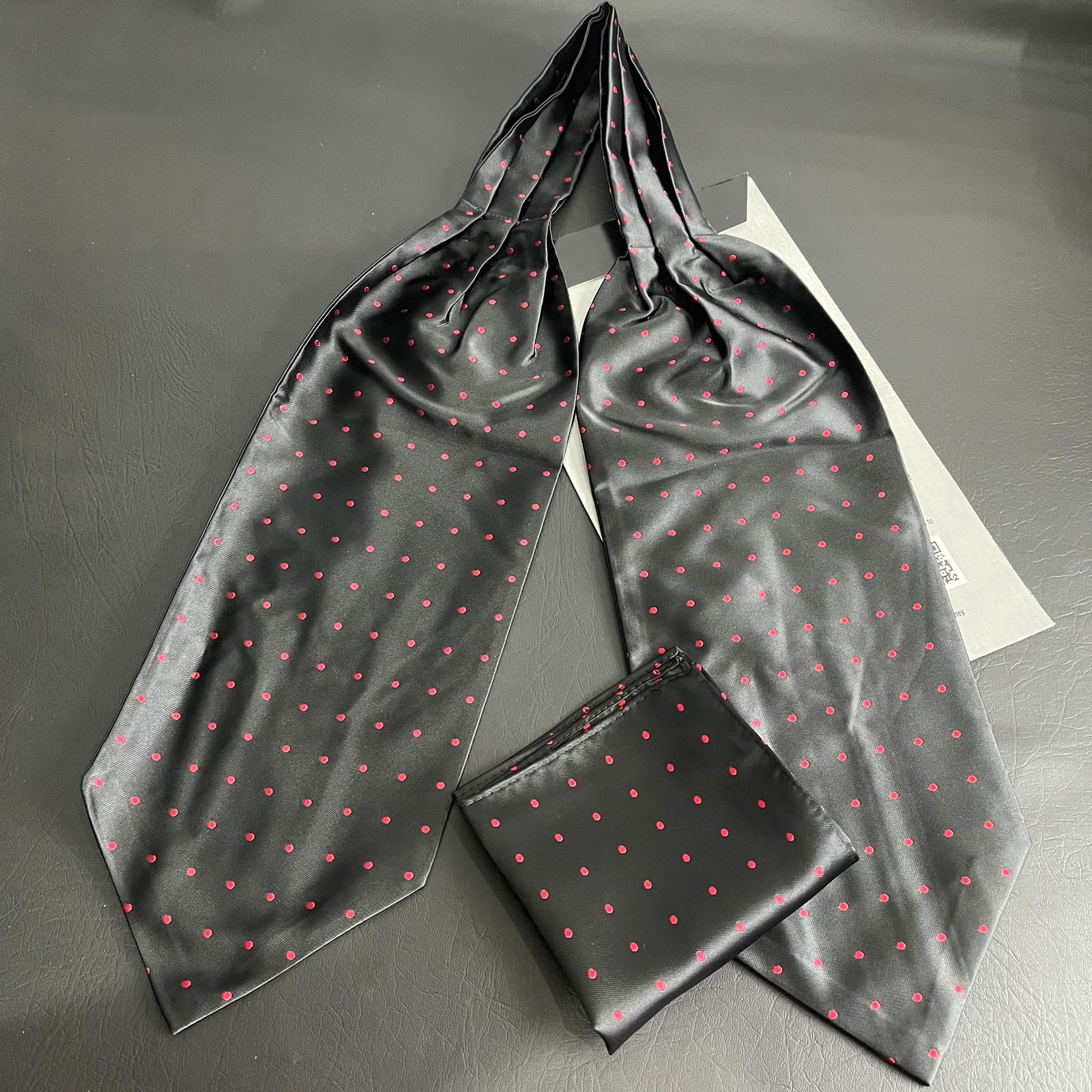 Black polka dots jacquard cravat ascot tie and pocket square set for men online in Pakistan