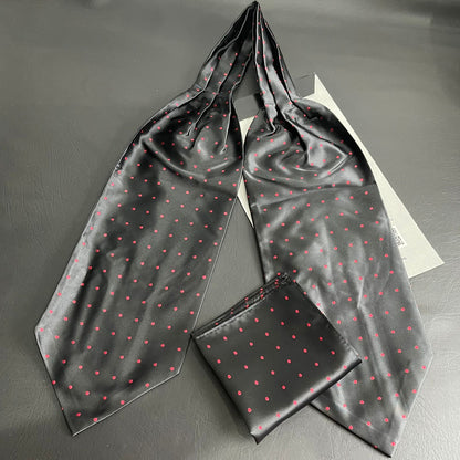 Black polka dots jacquard cravat ascot tie and pocket square set for men online in Pakistan