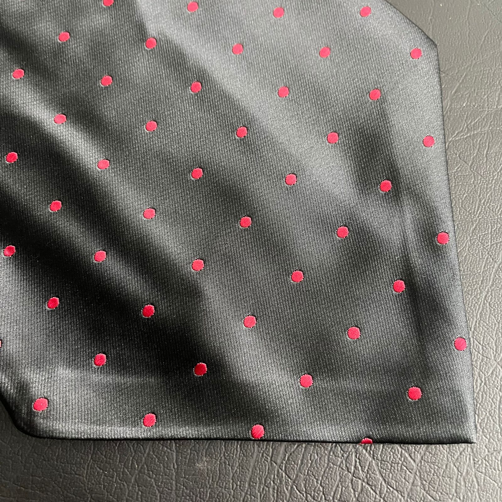 Black polka dots jacquard cravat ascot tie and pocket square set for men online in Pakistan