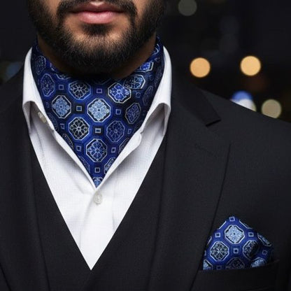 Blue Floral jacquard cravat ascot tie and pocket square set for men online in Pakistan