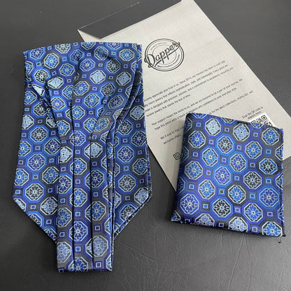 Blue Floral jacquard cravat ascot tie and pocket square set for men online in Pakistan