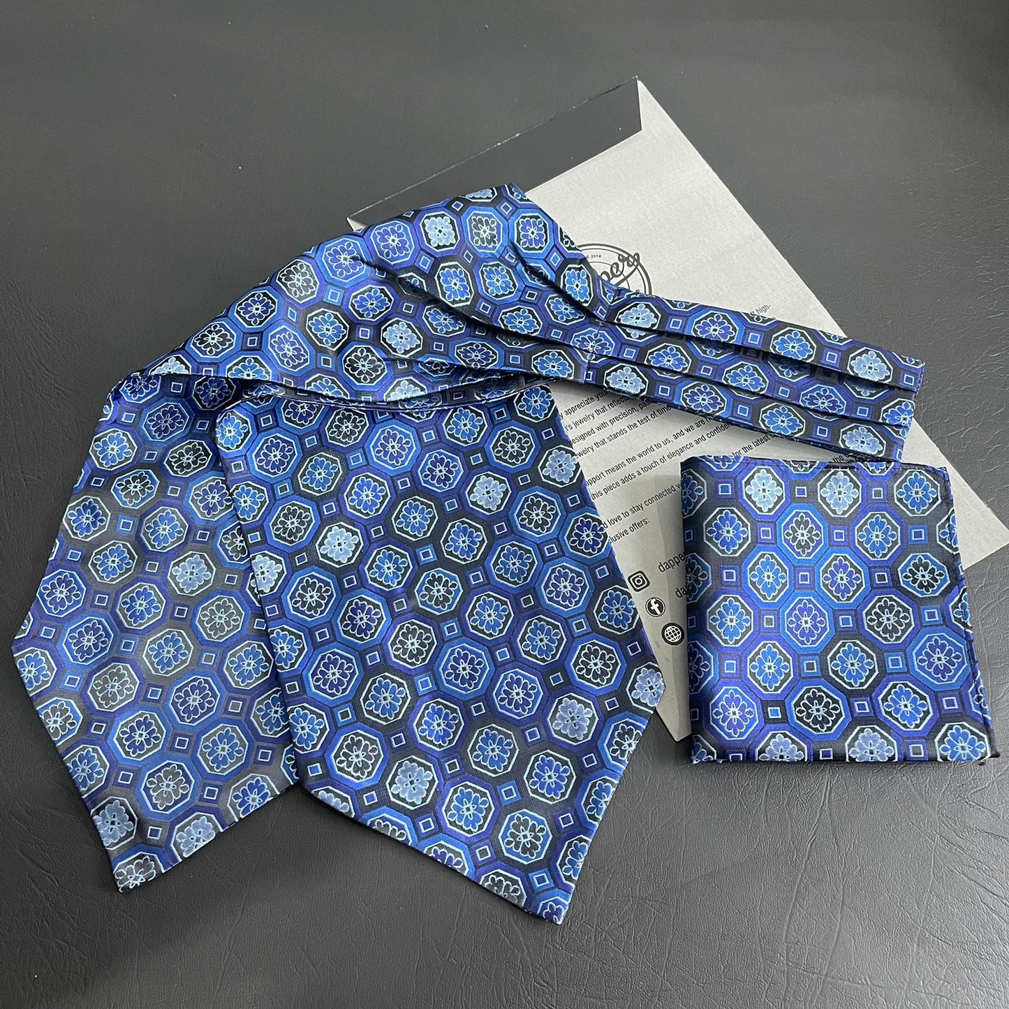 Blue Floral jacquard cravat ascot tie and pocket square set for men online in Pakistan