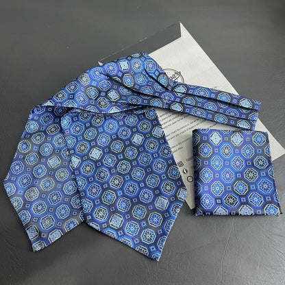 Blue Floral jacquard cravat ascot tie and pocket square set for men online in Pakistan