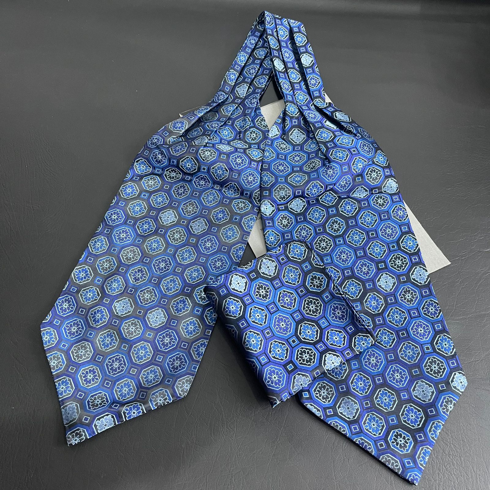 Blue Floral jacquard cravat ascot tie and pocket square set for men online in Pakistan