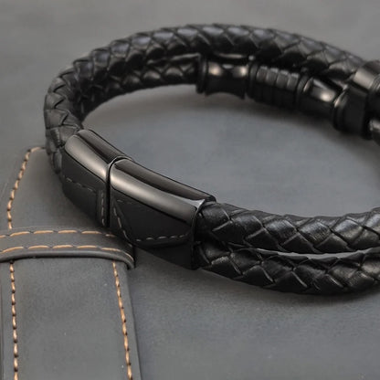 Black Crown Layered Leather Bracelet For Men