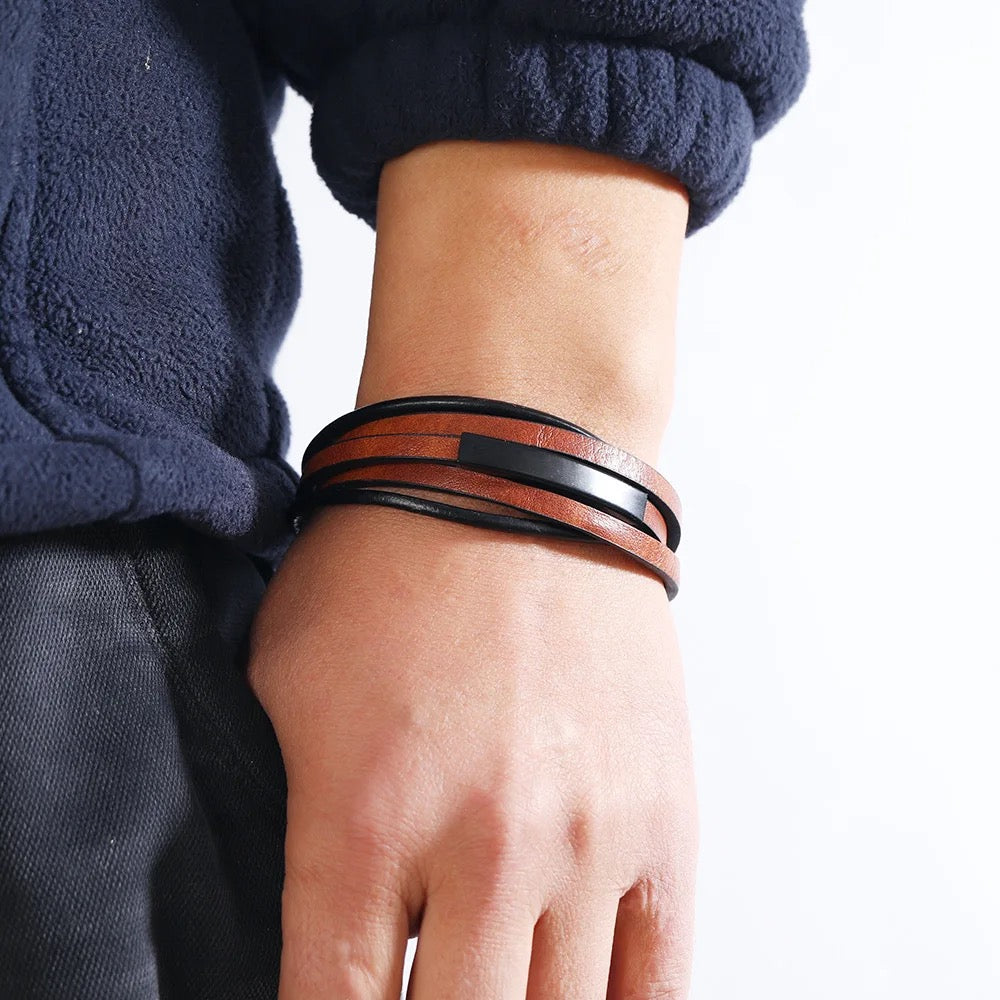 tan geniun leather layered bracelet for men online in pakistan