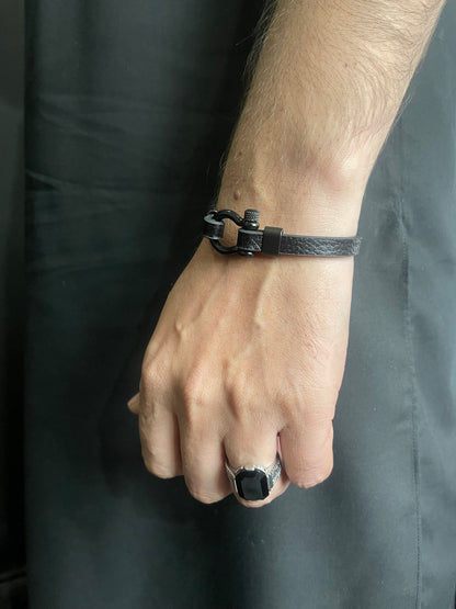 Black Latch Leather Bracelet For Men