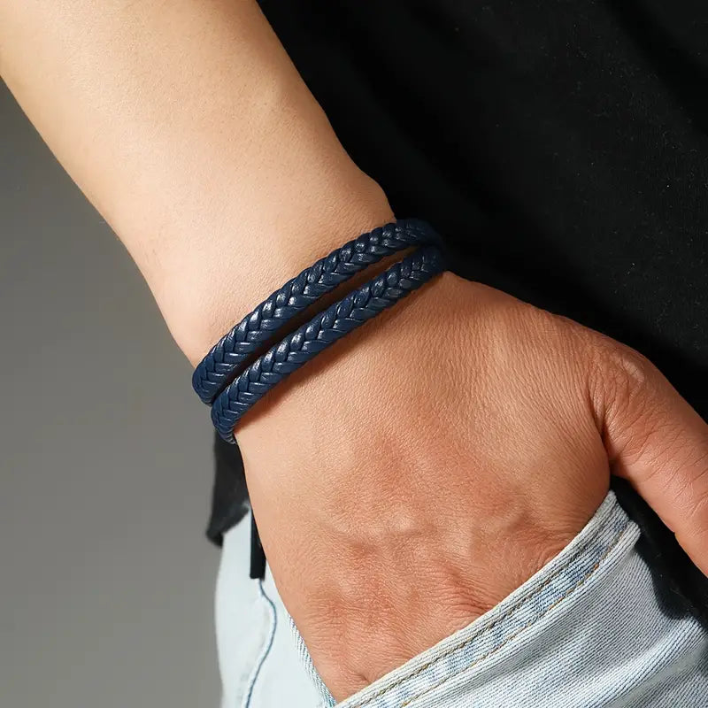 Twin Forge Blue Leather Bracelet For Men