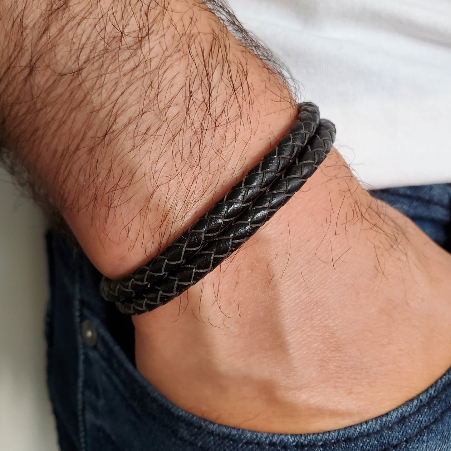 Cross Cord Black Leather Bracelet For Men