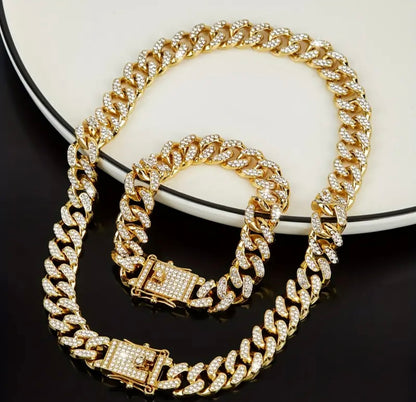 13mm Golden iced out miami Cuban link neck chain bracelet for men online in pakistan