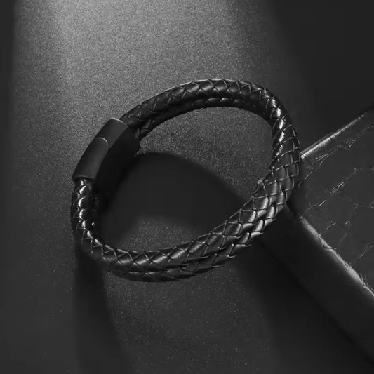 Cross Cord Black Leather Bracelet For Men