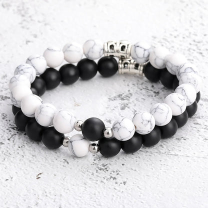 Black & White Beads Heart Magnetic Distance Bracelet Set Couple Bracelet