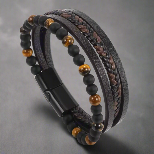 Brown Layered Tiger Eye Beads Leather Bracelet For Men