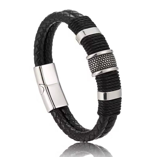 Savage Stalwart Black Leather Bracelet For Men