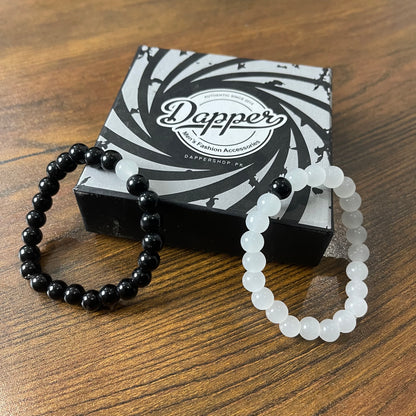 Black & Milky White Energy Stone Beads Distance Bracelet Set Couple Bracelet