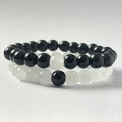 Black & Milky White Energy Stone Beads Distance Bracelet Set Couple Bracelet