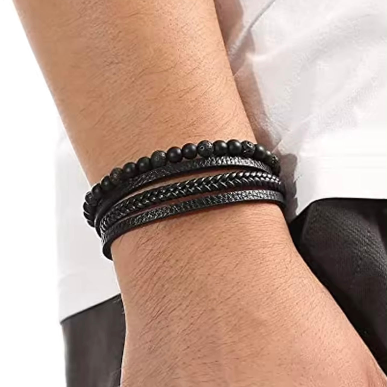 multi layered black leather bracelet for men online in pakistan