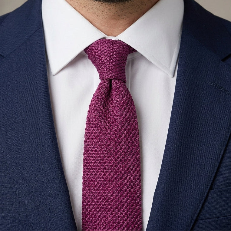 A close-up of a man wearing a textured magenta purple necktie, a white dress shirt, and a navy blue suit jacket against a neutral gray background.