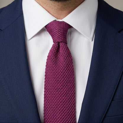 A close-up of a man wearing a textured magenta purple necktie, a white dress shirt, and a navy blue suit jacket against a neutral gray background.
