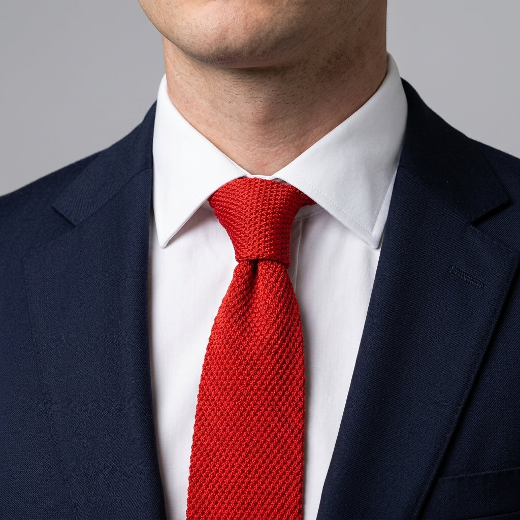 Premium Crimson Red Pointed Knitted Tie For Men (Bright Red)
