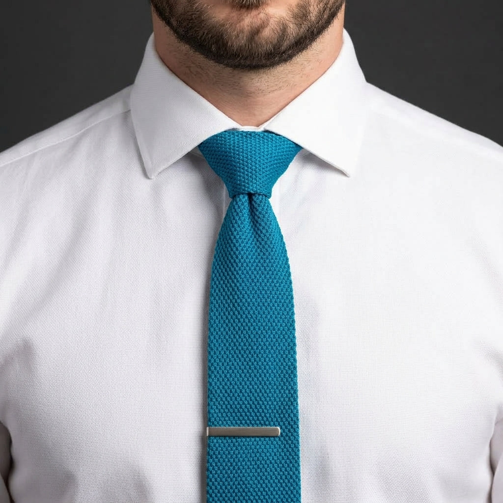 A man wearing a white dress shirt and a textured teal blue tie with a silver tie clip, shown from the chin down against a dark gray background.