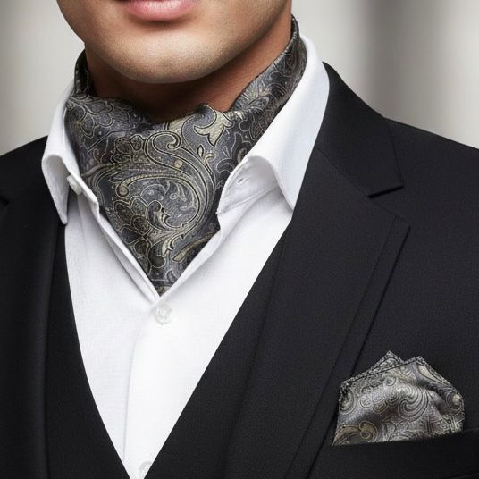 Grey Golden Paisley jacquard cravat ascot tie and pocket square set for men online in Pakistan