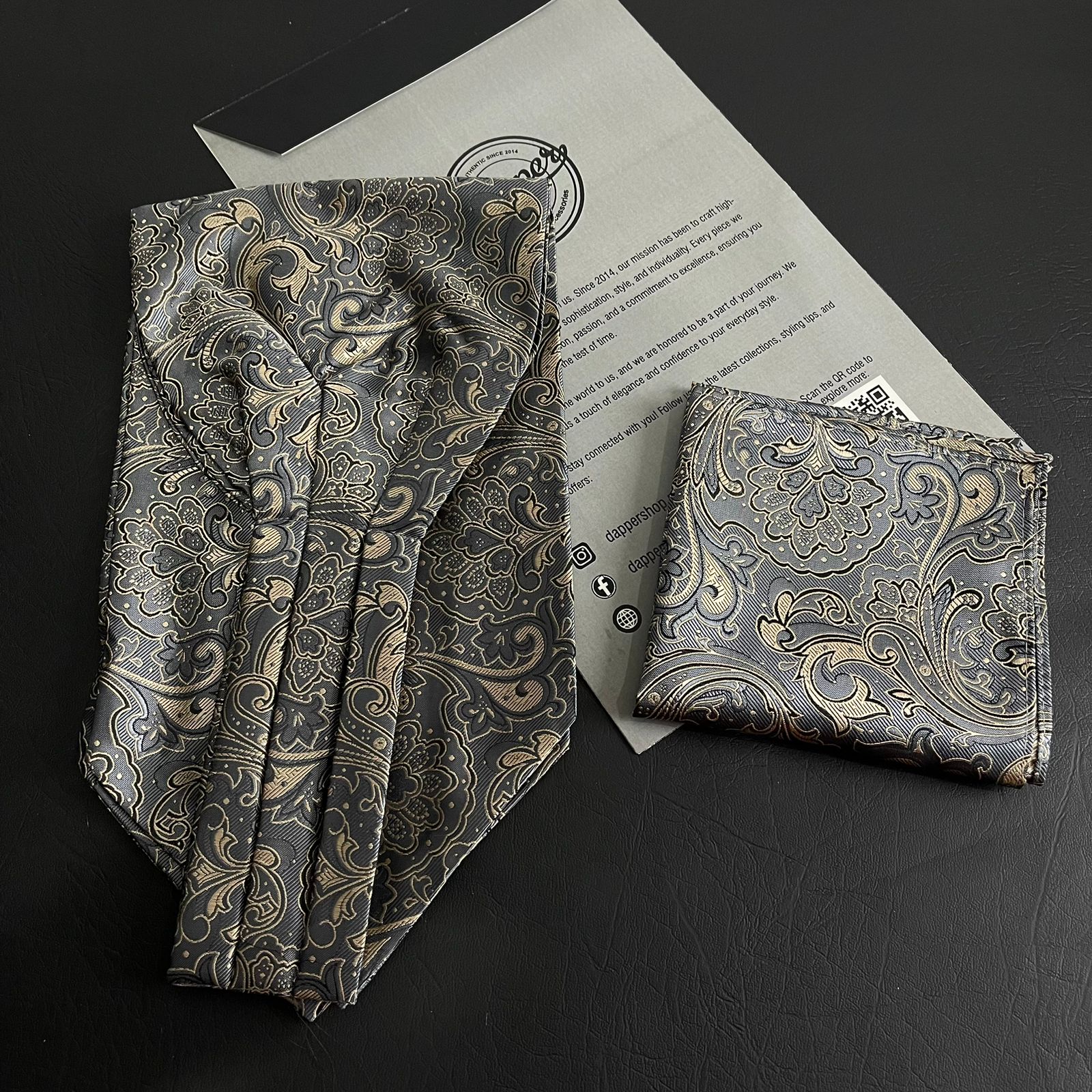 Grey Golden Paisley jacquard cravat ascot tie and pocket square set for men online in Pakistan